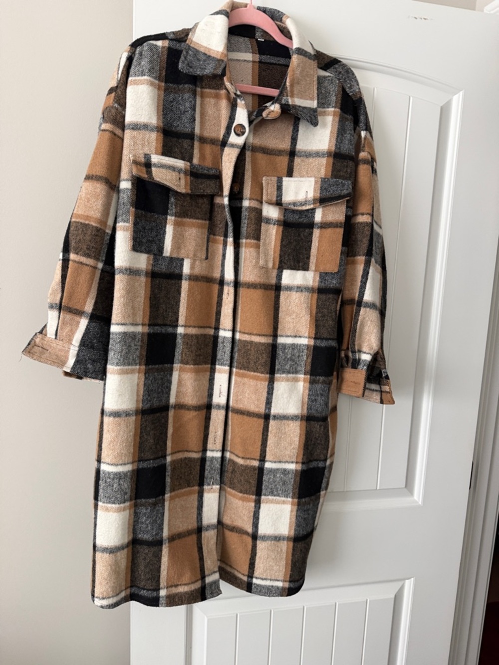 Teddy Plaid Shacket Coatigan - Camel & Black